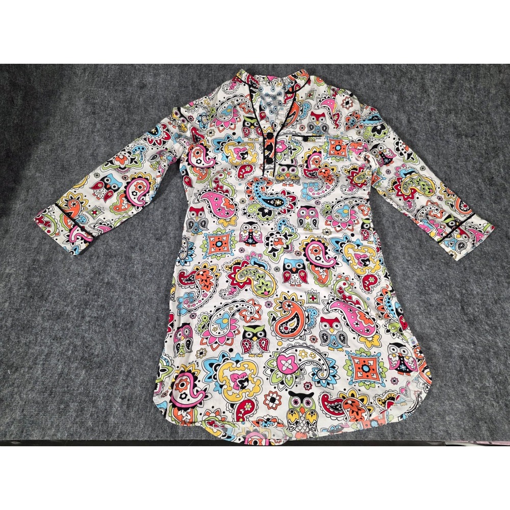 Womens Sleepshirt Nightgown Paisley Owl Multicolor Cotton Nick and Nora Sz M